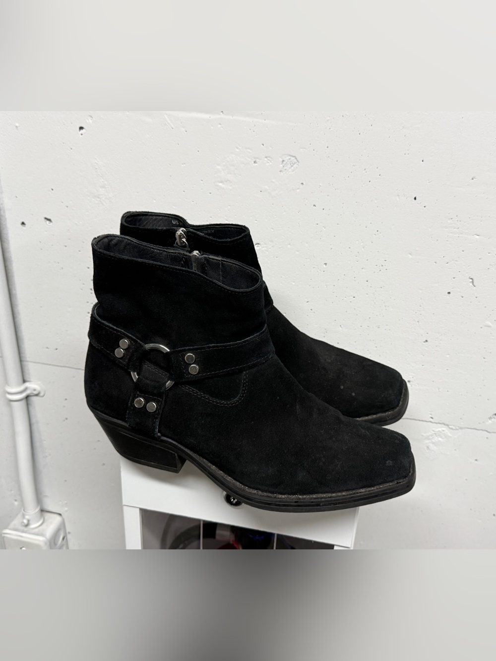 Black Genuine Suede Ankle Boots with Harness Detail - Moto - Western